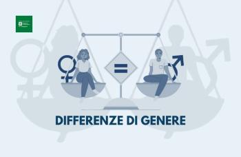 DIFFERENZE DI GENERE Una donna ed un uomo seduti sui piatti di una bilancia; accanto a loro, i simboli che rappresentano il femminile (venere) e il maschile (marte)