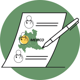 un foglio di carta con icone di medici e una penna che fa la spunta su uno di questi che si trova poggiato su una mappa della Regione Lombardia