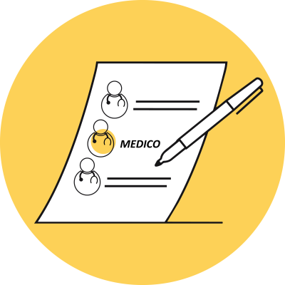 un foglio di carta con icone di medici e una penna che fa la spunta su uno di questi