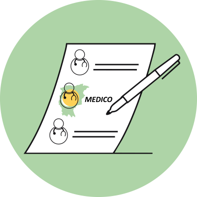 un foglio di carta con icone di medici e una penna che fa la spunta su uno di questi che si trova poggiato su una mappa di Bergamo