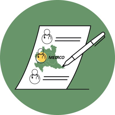 un foglio di carta con icone di medici e una penna che fa la spunta su uno di questi che si trova poggiato su una mappa della Regione Lombardia